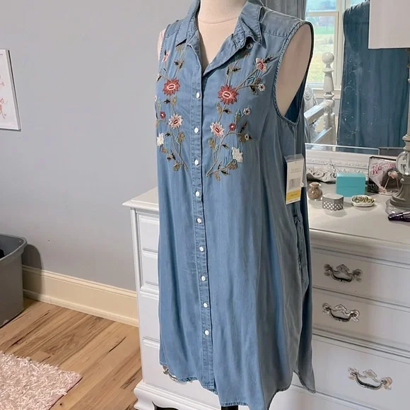 Terre Bleue Summer Embroider Midi Denim Look Dress Casual Lightweight Womens S - Picture 7 of 11